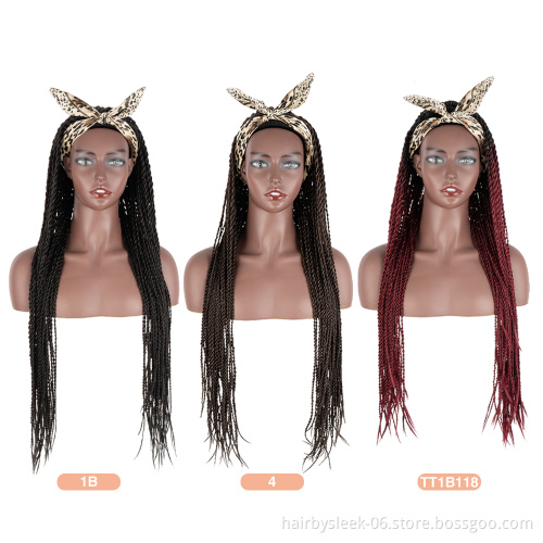 Burgundy color 34 inches Two plait wholesale Braided Wigs Long Twist Braids style synthetic hair headband wig for black women